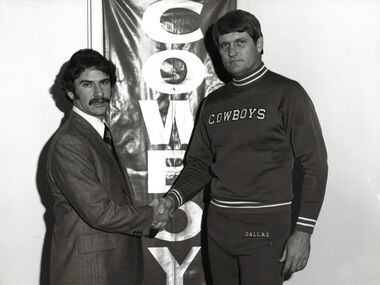 Craig Hall with Dallas Cowboys great Ralph Neely in 1984, when Hall became a true Texan by...