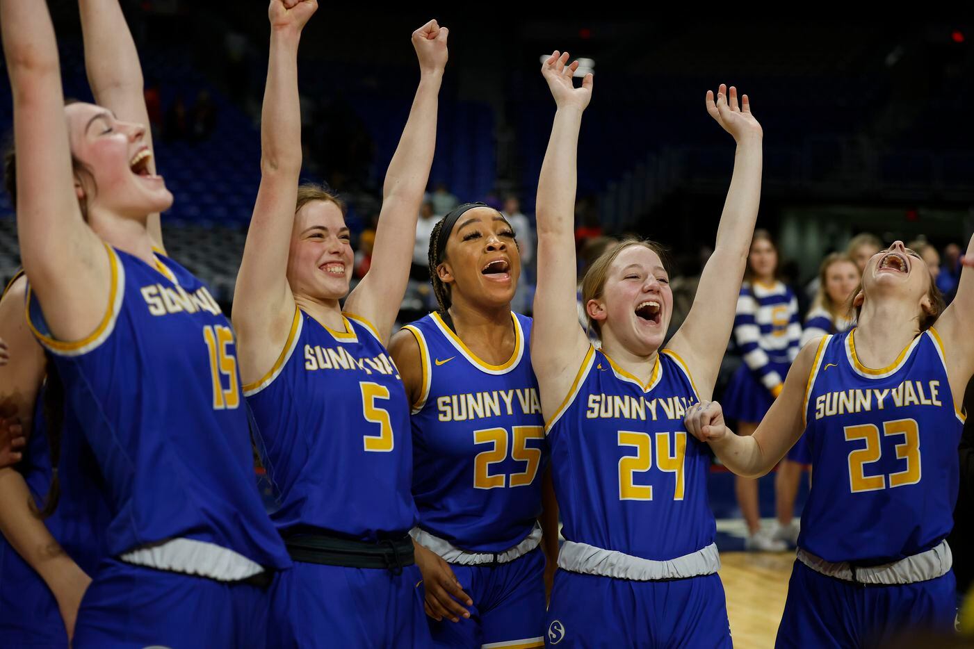 Sunnyvale Micah Russell (25) celebrates with the rest of the team at the end the game as...