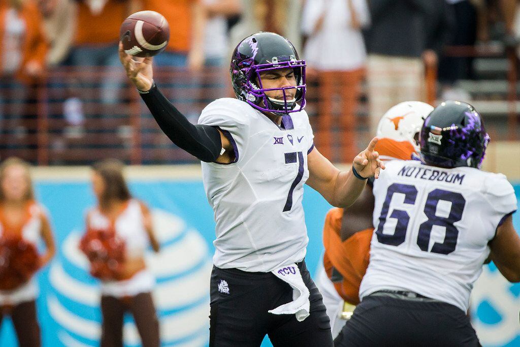 TCU quarterback Kenny Hill (7) throws a pass as offensive tackle Joseph Noteboom (68)...