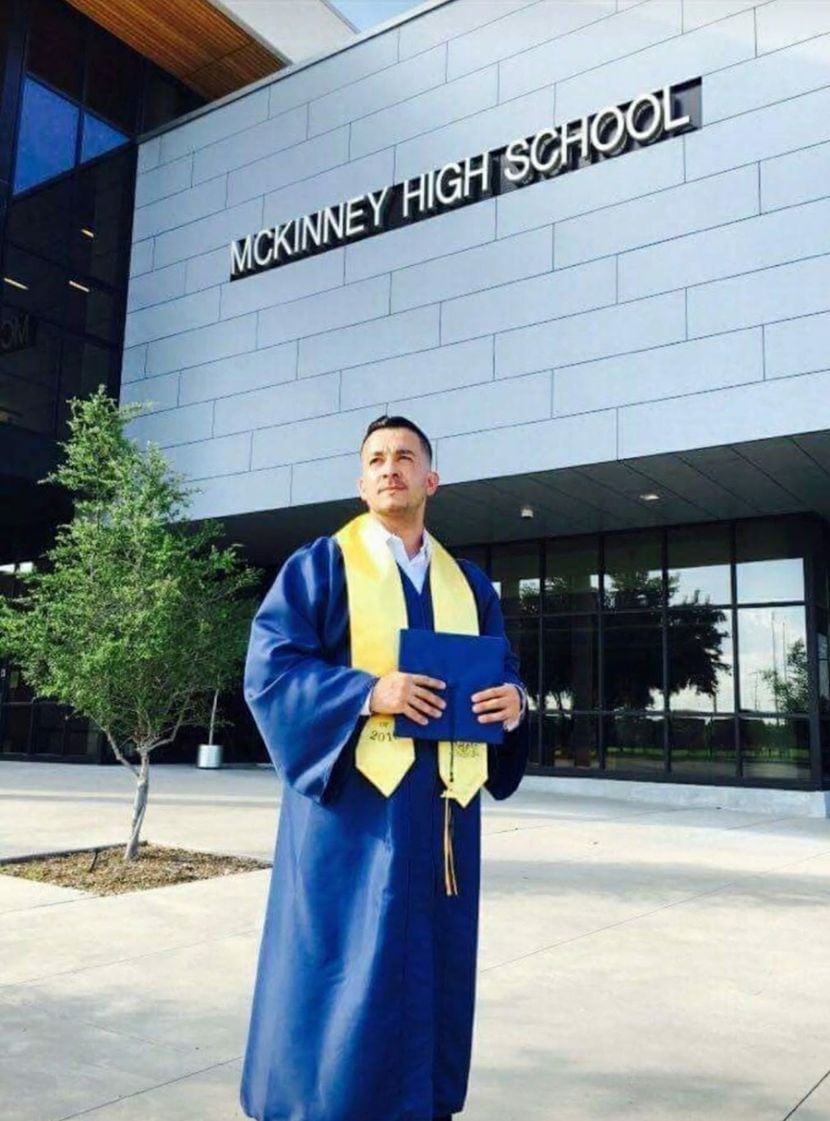 Jason Hernandez in front of McKinney High school on the day he graduated in 2016. Photo...
