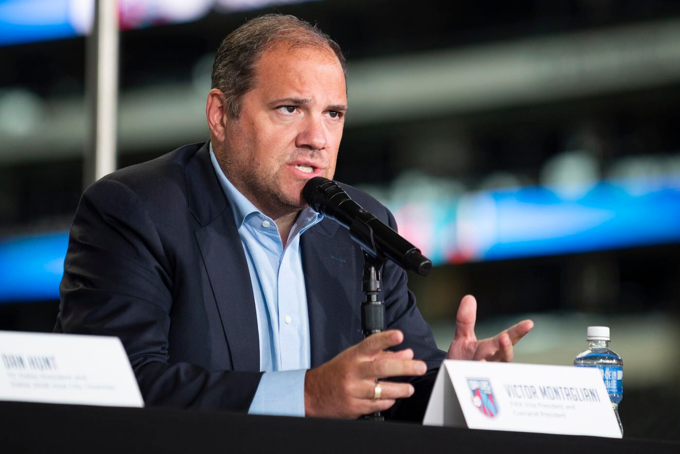 Victor Montagliani, FIFA Vice President and Concacaf president, left, answers a question...