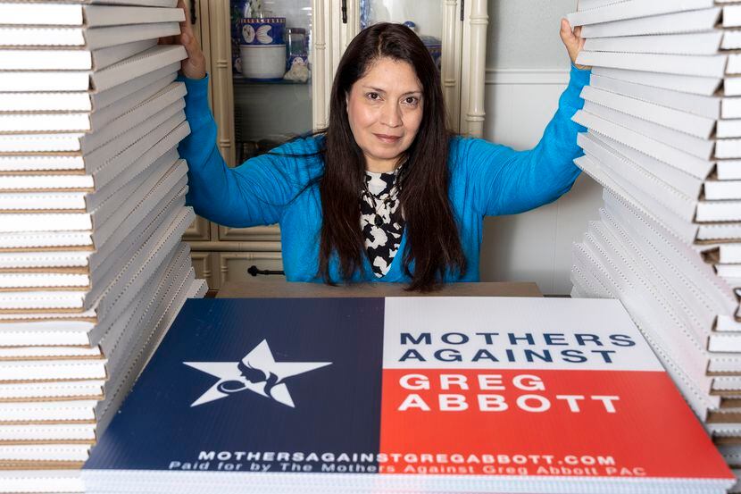 Nancy Thompson, founder of Mothers Against Greg Abbott, in her northwest Austin home with...
