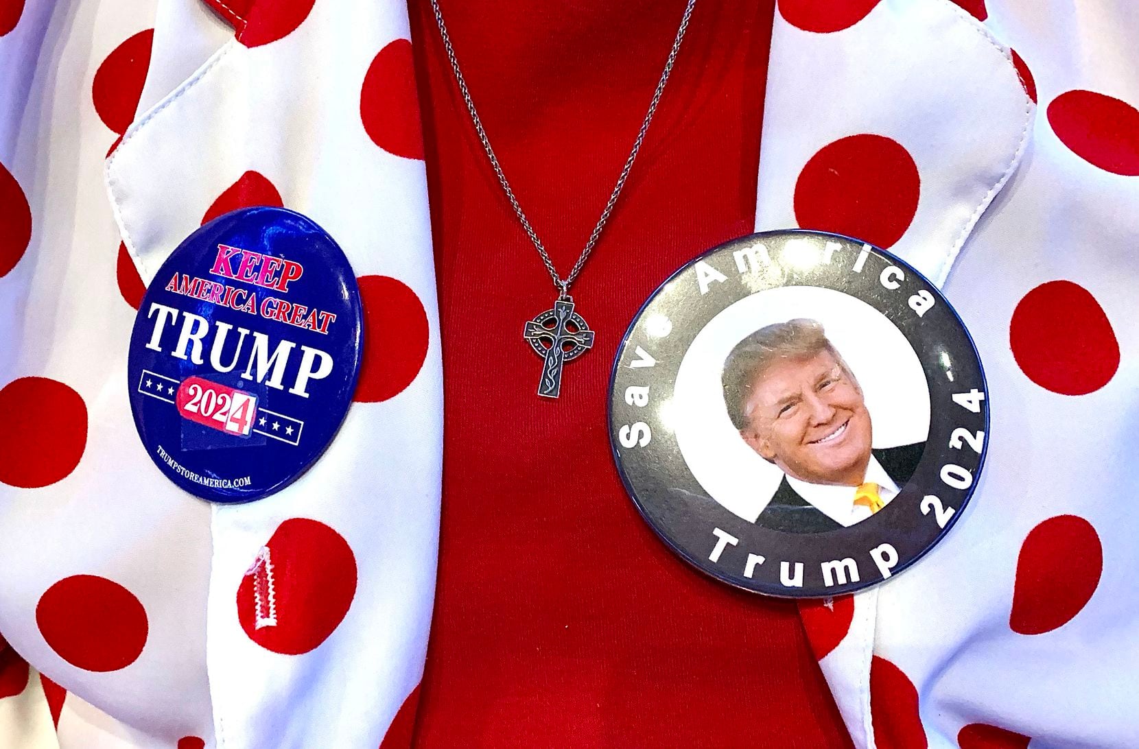 Colleen Canon wears buttons supporting Donald Trump during historic American...