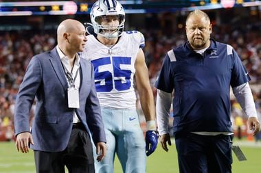 Dallas Cowboys linebacker Leighton Vander Esch (55) walks off the Levi’s Stadium field with...