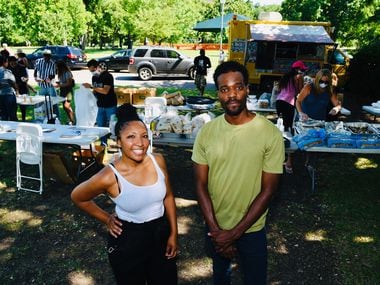 Deah Berry Mitchell, vendor organizer, and Jeziel Jones, head organizer for the Potluck Protest, welcomed a crowd supporting black-owned restaurants during the event at Dallas' Reverchon Park.