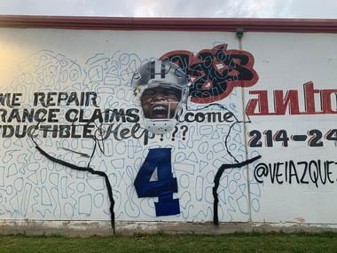 Artist Juan Velazquez tweeted a picture showing the progress on his latest Grand Prairie mural, a tribute to injured Cowboys quarterback Dak Prescott.