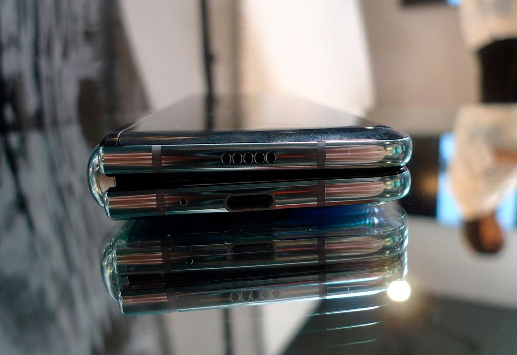 The Samsung Galaxy Fold smartphone is seen in its folded position during a media preview...