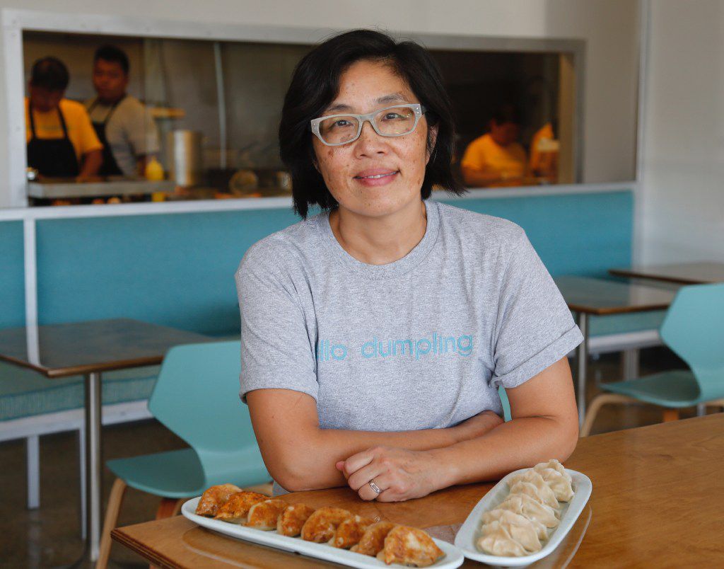 Hello Dumpling owner June Chow, photographed with the pan fried beef dumplings and steamed fish