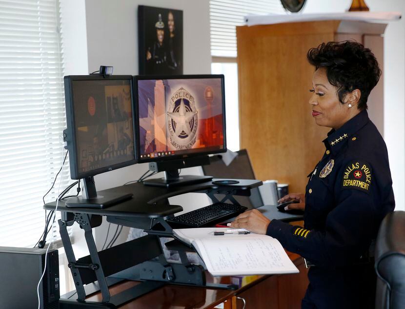 Dallas Police Chief U. Renee Hall during a meeting conducted via video conferencing to help...