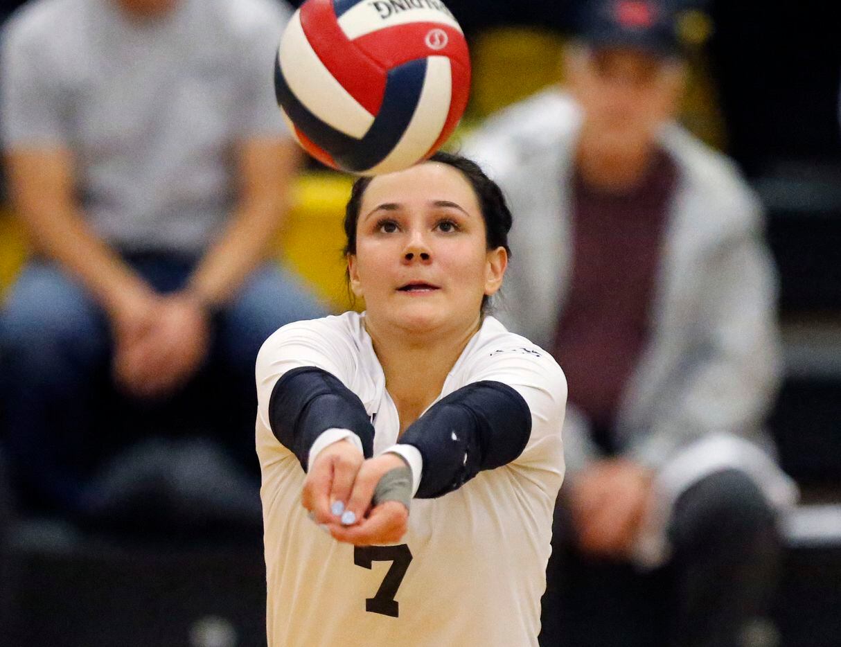 Flower Mound High School defensive specialist Elaina Amador (7) passes the volleyball during game two of the first round Class 6A playoff match between Flower Mound High School and Prosper High School, played at The Colony High School on Tuesday, November 2, 2021. (Stewart F. House/Special Contributor)