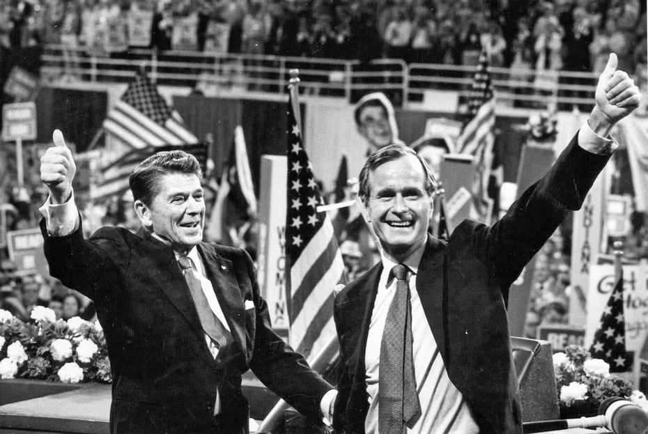 Former Gov. Ronald Reagan of California and Bush celebrate as they are nominated for the GOP...