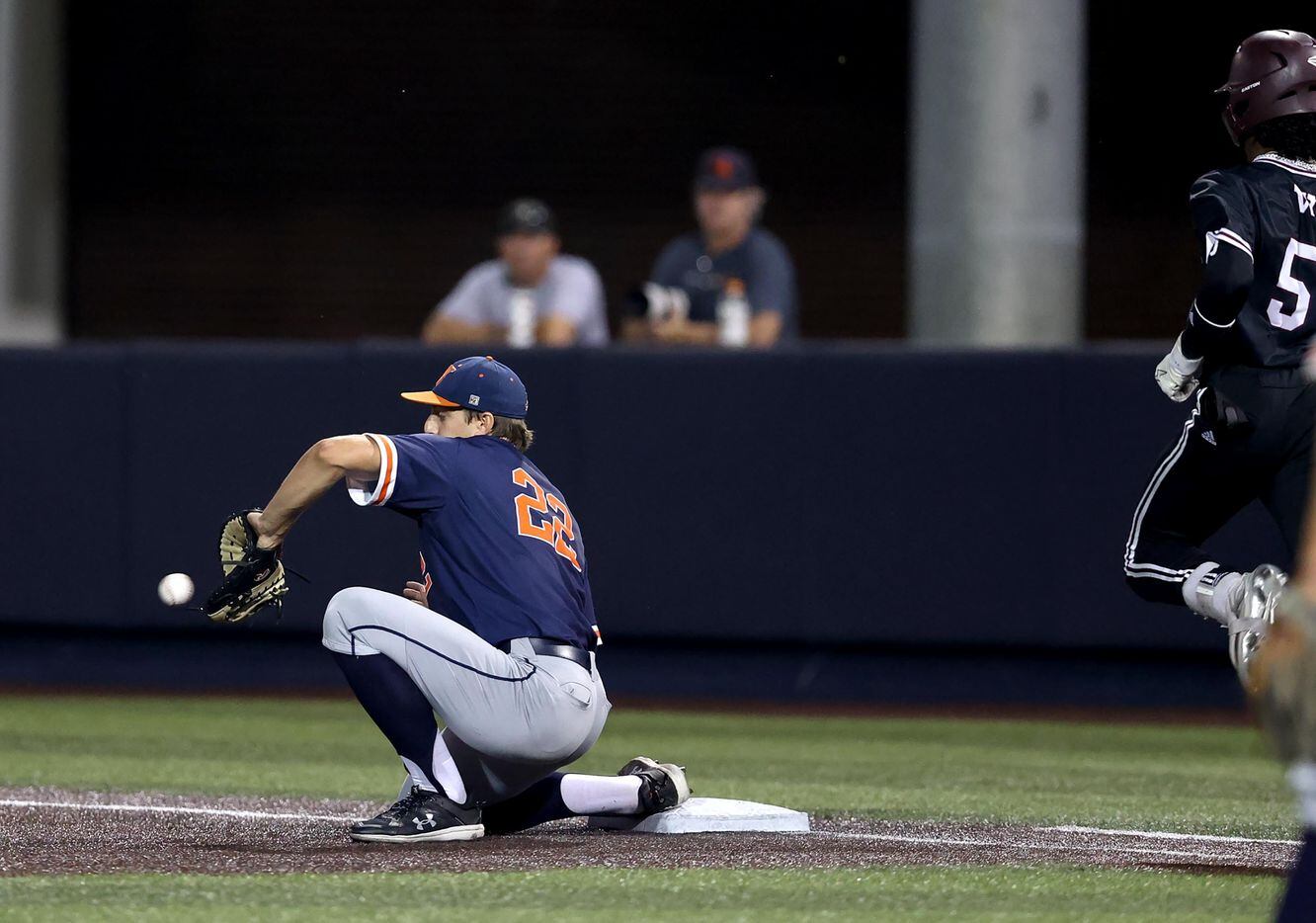 Frisco Wakeland first baseman Carson Priebe (22) gets the out against Whitehouse center...