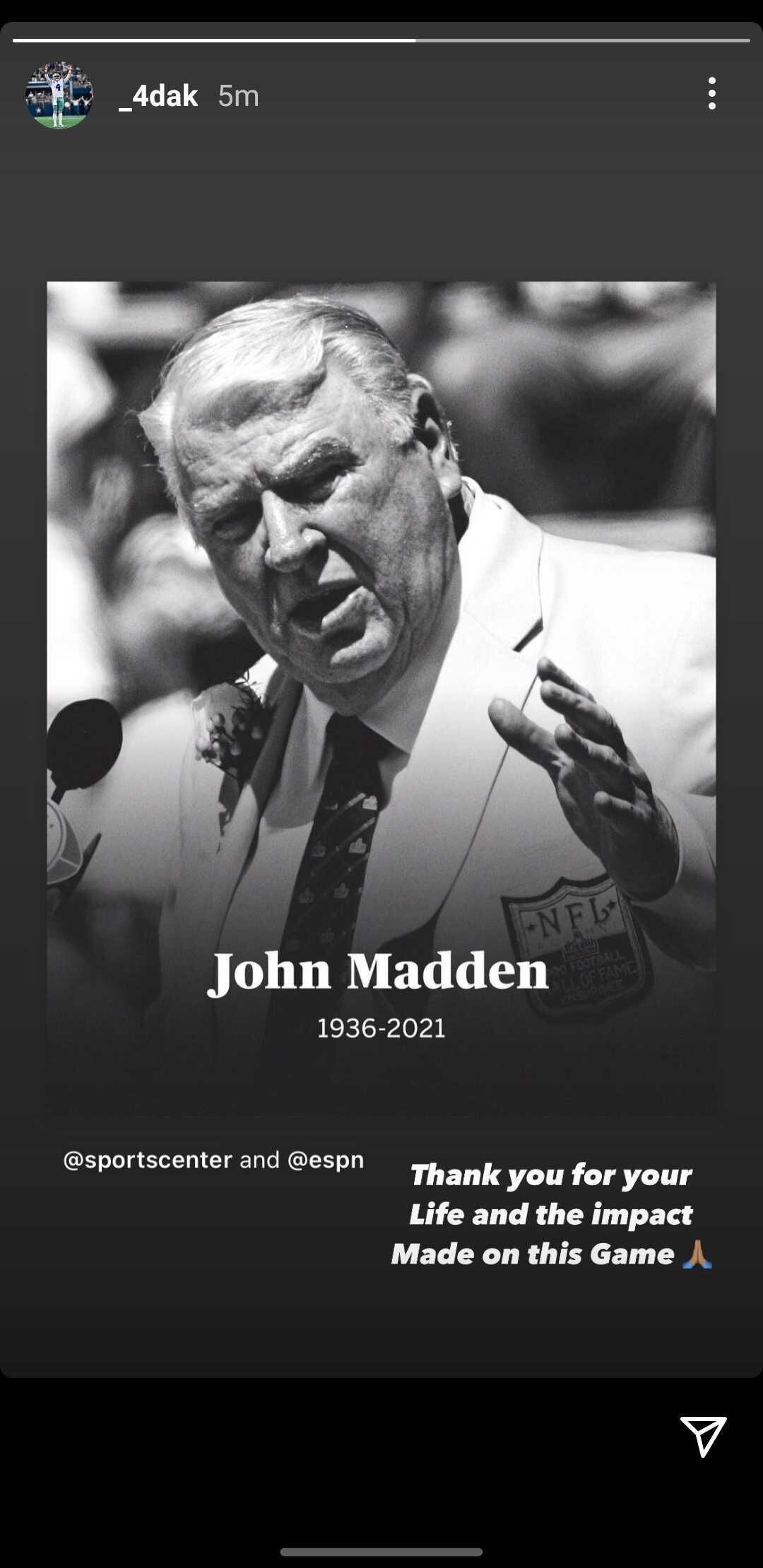 Dallas Cowboys quarterback Dak Prescott reacts to the death of NFL legend John Madden on...