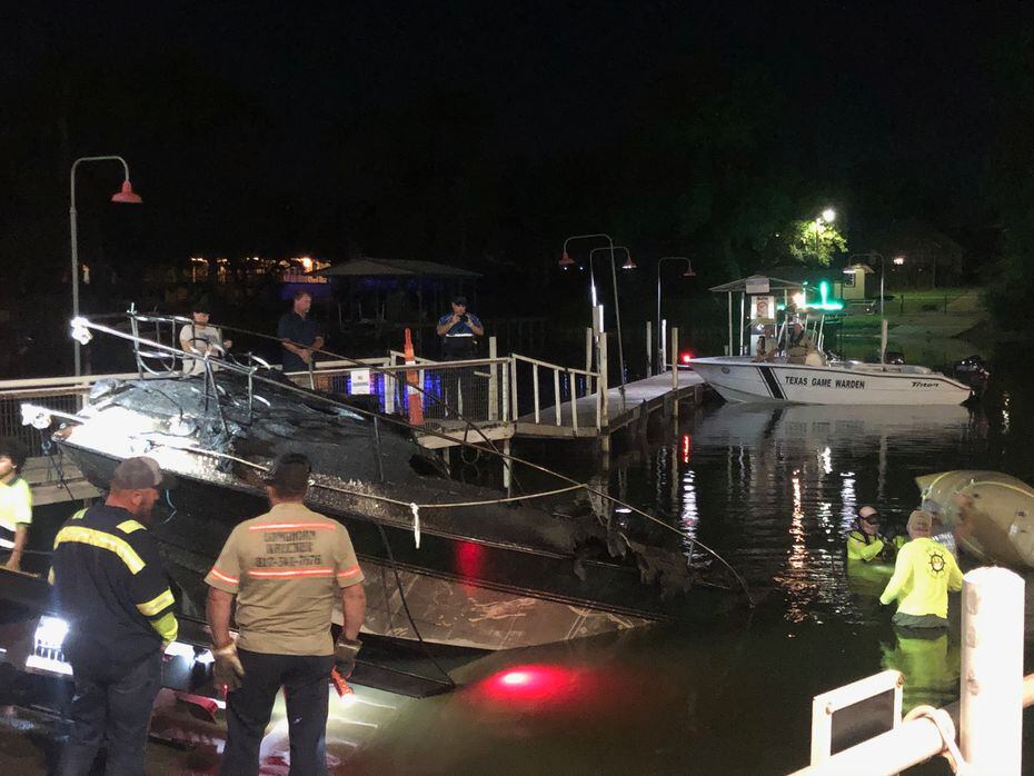 A boat is recovered near the Lake Weatherford Marina after it exploded and sank Saturday,...