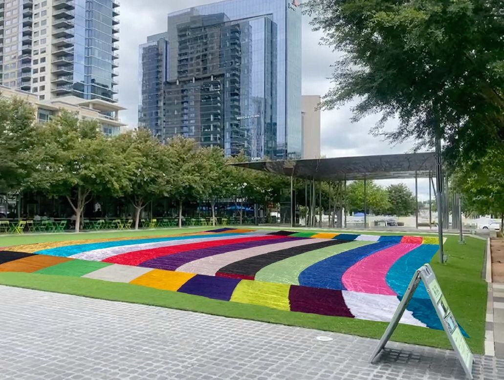 Tulsa artist Rachel Hayes' "Round the Bend" is a quilt-like fiber-art piece that will cover...