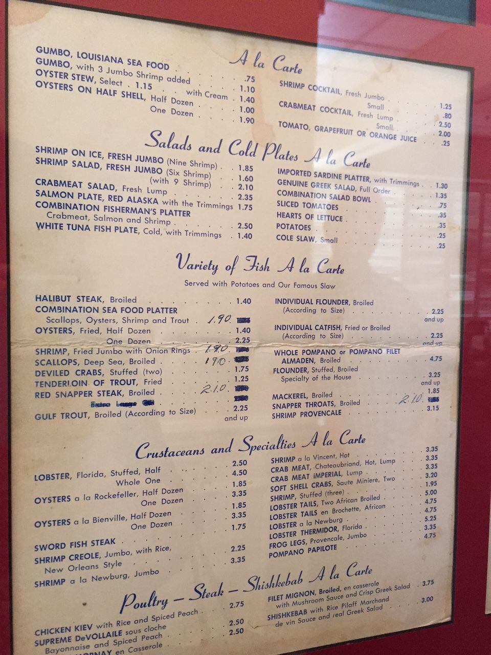 
Vincent’s Seafood put a menu from 1962 in a display case.
