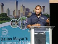 Mayor Eric Johnson speaks at the University of North Texas - Dallas campus in August 2022.
