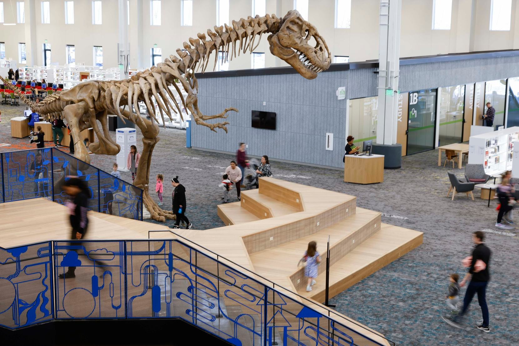 Rexy, a 21-foot T-rex replica on the floor of the new Frisco Public Library.
