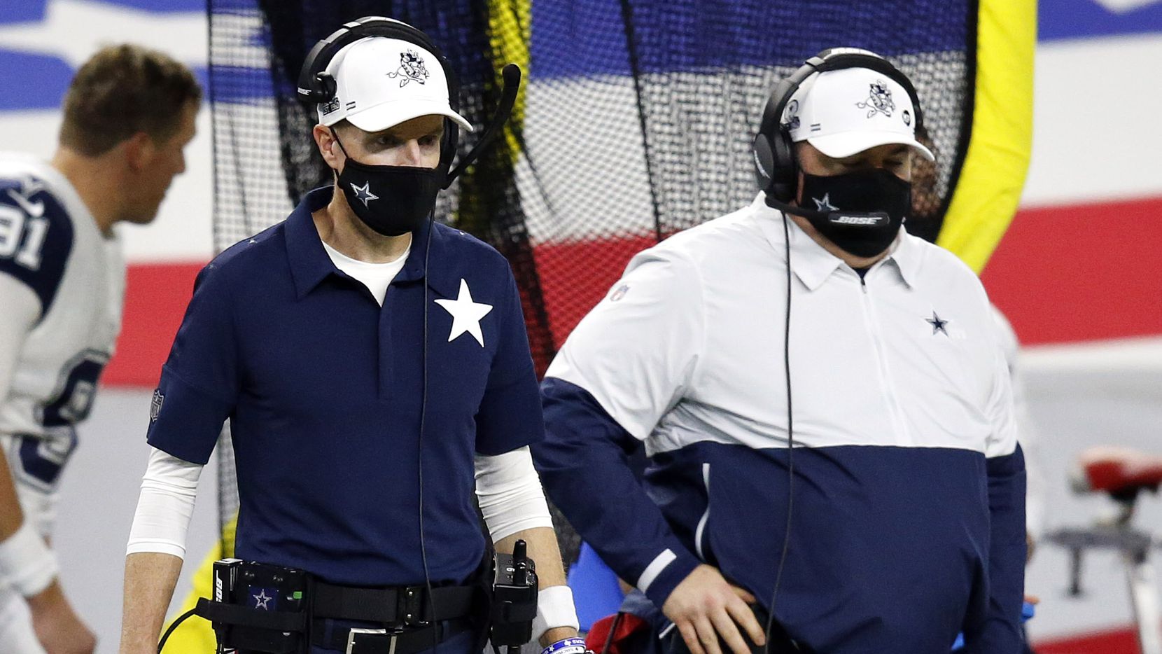 Dallas Cowboys special teams coordinator John Fassel (left) and head football coach Mike...