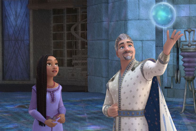 In Disney's "Wish," Asha (voiced by Ariana DeBose) and King Magnifico (voiced by Chris Pine)...