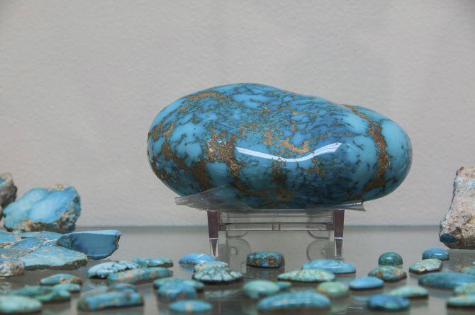 Examples of the blue-green rock sit on display in Albuquerque's Turquoise Museum.  The...