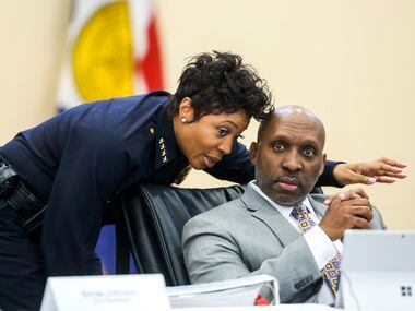 Dallas Police Chief U. Renee Hall talks to Dallas City Manager T.C. Broadnax during a City...