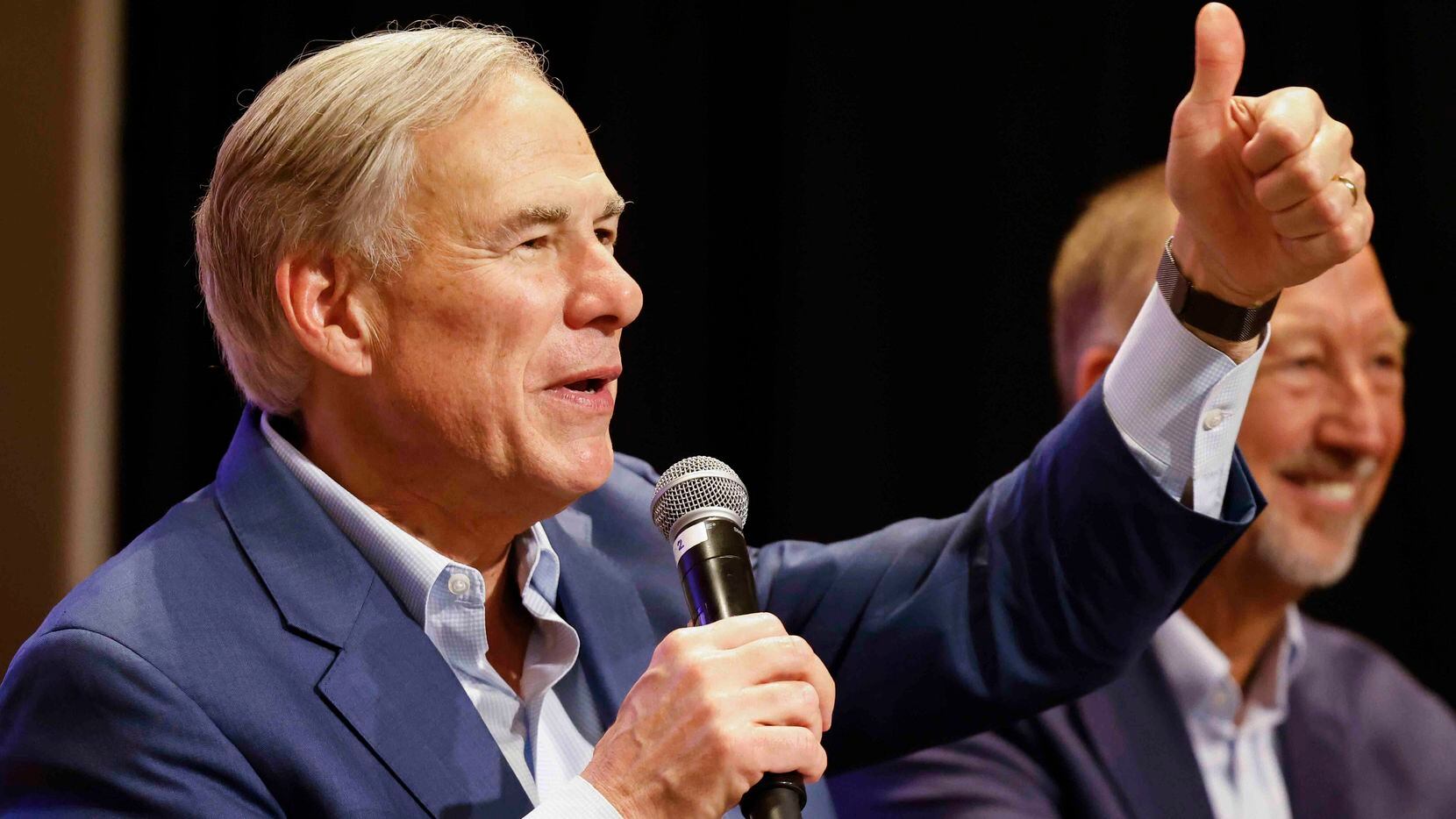 Texas Governor Greg Abbott speaks during a campaign event about Texas seniors at Heritage...