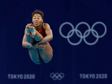 Canada’s Jennifer Abel dives in round 5 of 5 in the women’s 3 meter springboard semifinal...