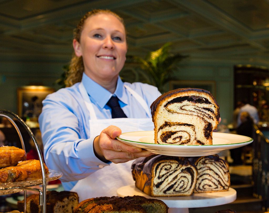 The chocolate babka is one of several irresistible treats offered from the pastry cart at...