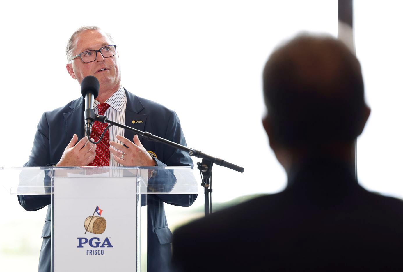 PGA of America president, Jim Richerson talks during a “Welcome Home Celebration,” event at...