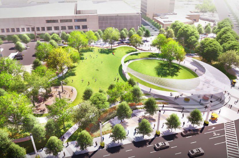 A rendering of Parks for Downtown Dallas' plan for a new park at Pacific Plaza in Downtown...