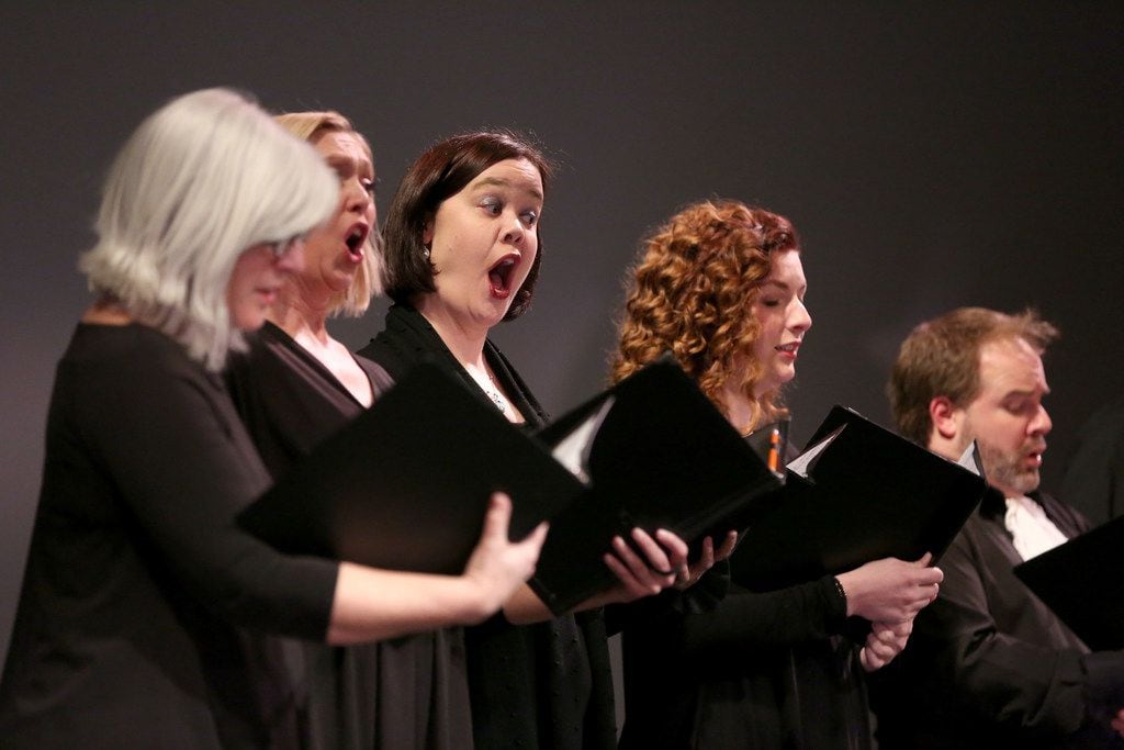 Chorus singers perform during a rehearsal for the Orchestra of New Spain's opera Achilles in...