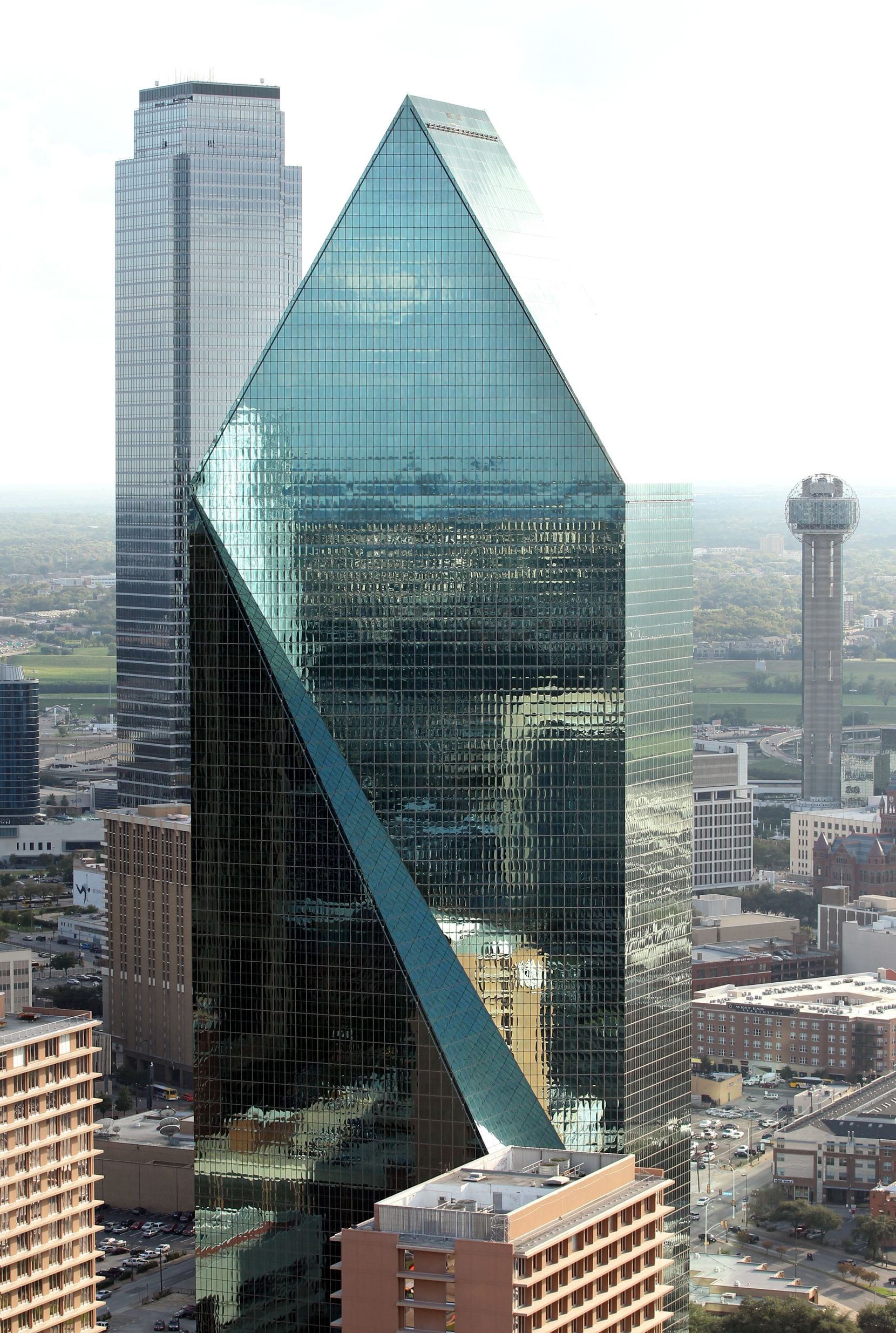 Fountain Place (foreground) in downtown Dallas, as seen from Museum Tower on October 23, 2012. 