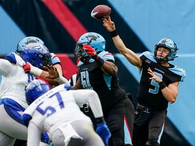 Dallas Renegades quarterback Philip Nelson (9) throws a pass during the first half of an XFL football game against the St. Louis Battlehawks at Globe Life Park on Sunday, Feb. 9, 2020, in Arlington.