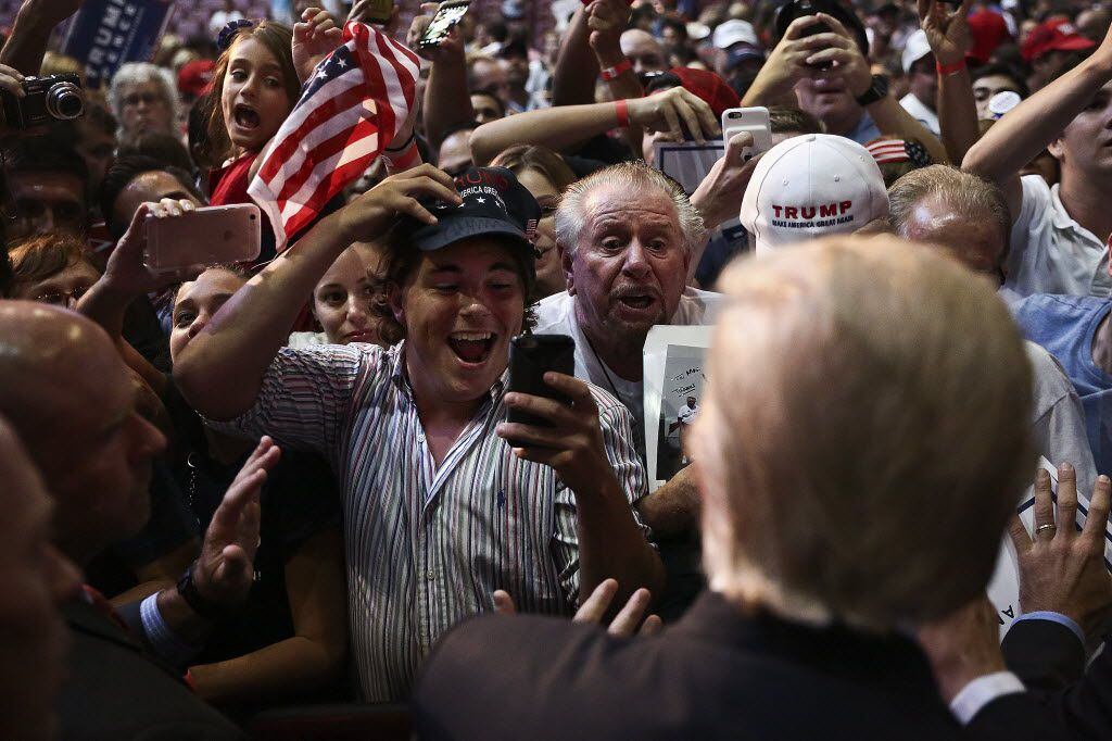 Donald Trump greets supporters after his speech in Sunrise, Fla., Aug. 10, 2016. 