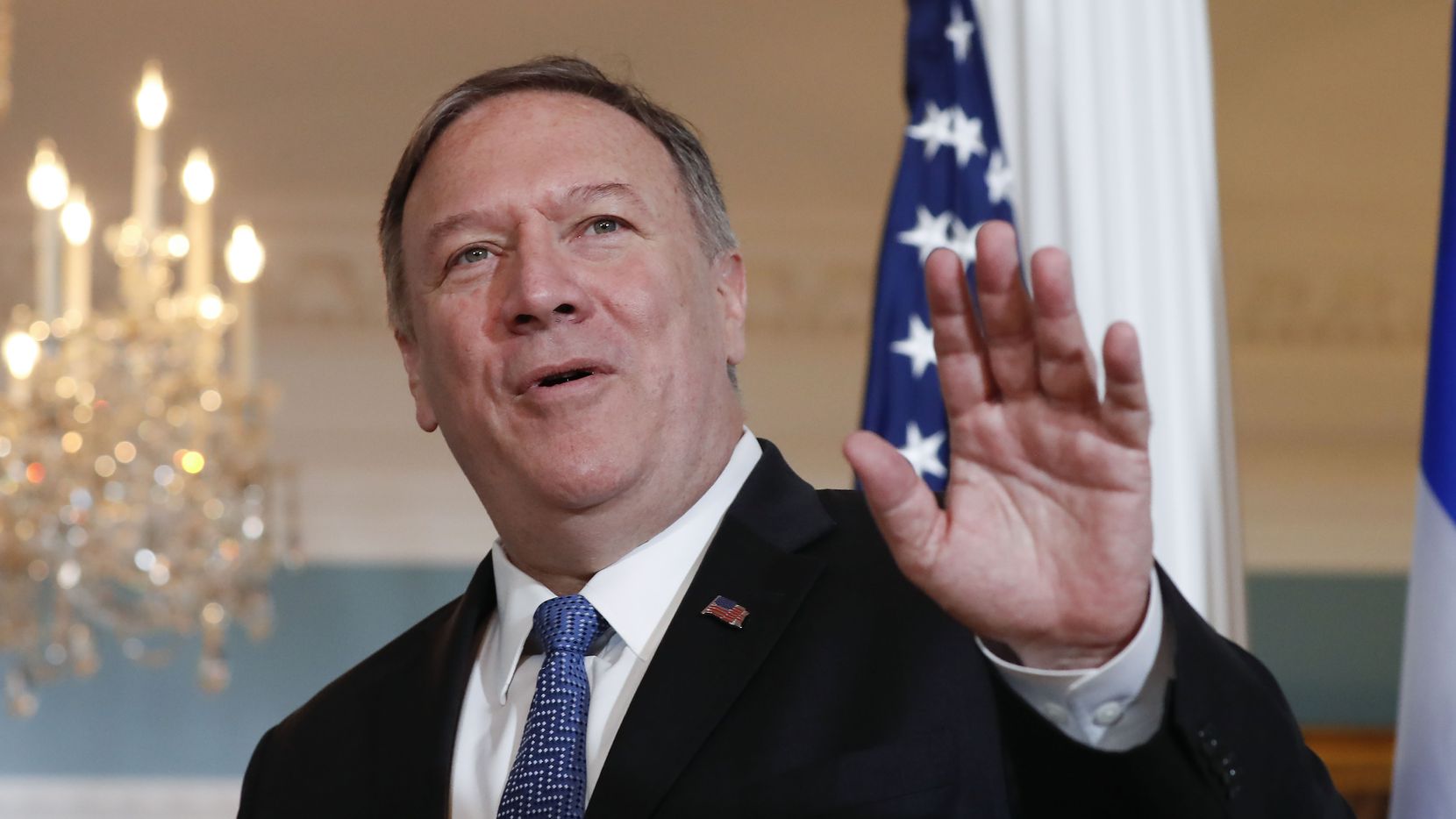 Secretary of State Mike Pompeo waves to members of the media in a 2019 file photo.  He will speak at a Christian media conference in Grapevine on June 24.