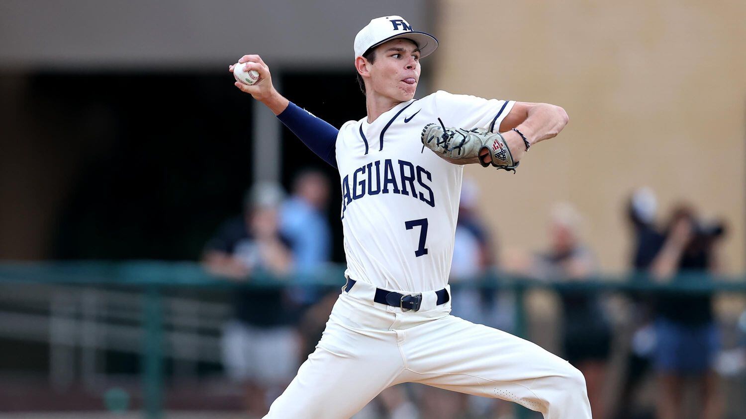 Flower Mound starting pitcher Zack James delivers a pitch against Denton Guyer during Game 1...