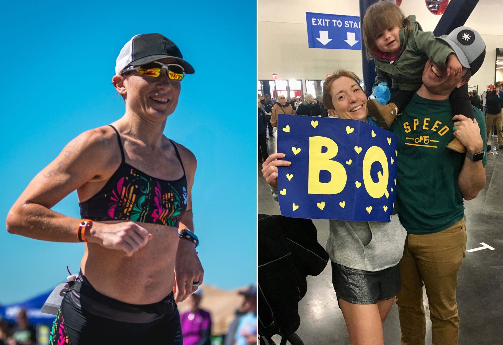 Brandi Swicegood (left) during the run portion of the Longhorn Ironman 70.3 in Austin in October 2017, and (right) celebrating her Boston-qualifying finish time at the Chevron Houston Marathon on Jan. 14, 2018, with husband Travis and daughter Adaline.