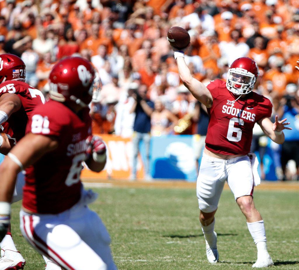 Oklahoma Sooners quarterback Baker Mayfield (6)passes the ball  in the second half of the...