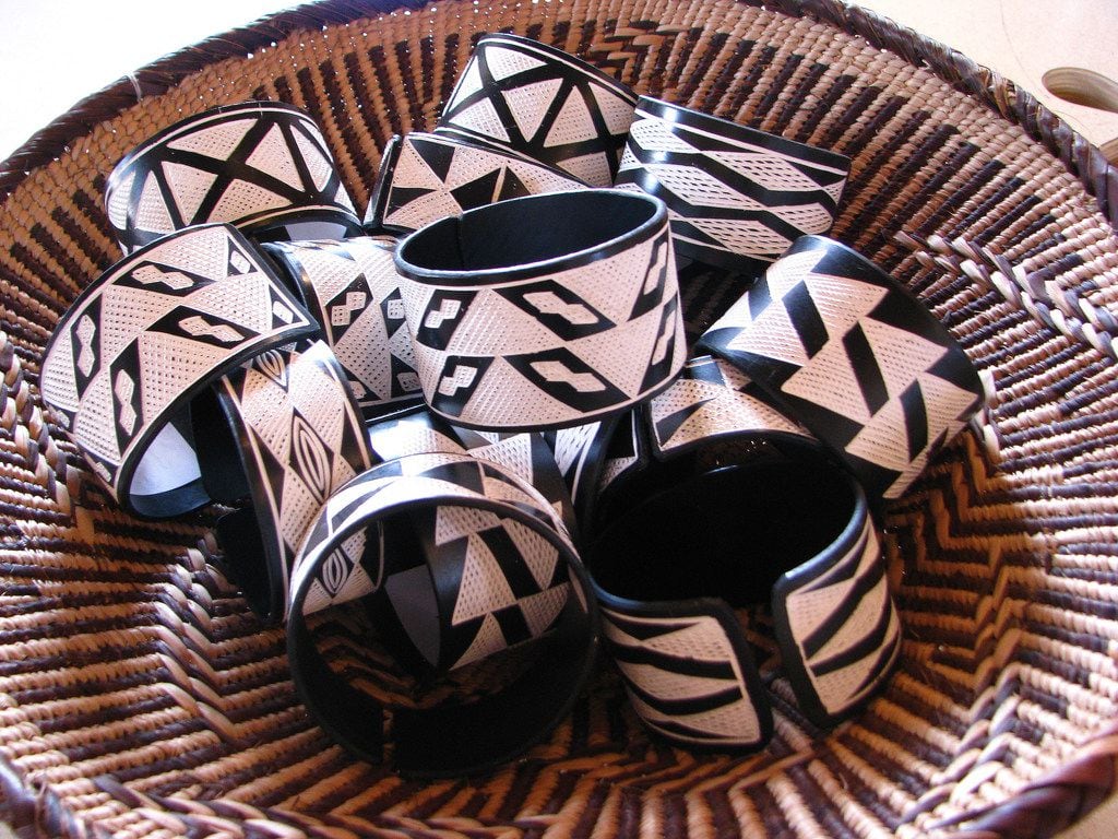 Bracelets made of pvc pipe, from Namibia, an example of the folk art crafts at the International Folk Art Market in Santa Fe