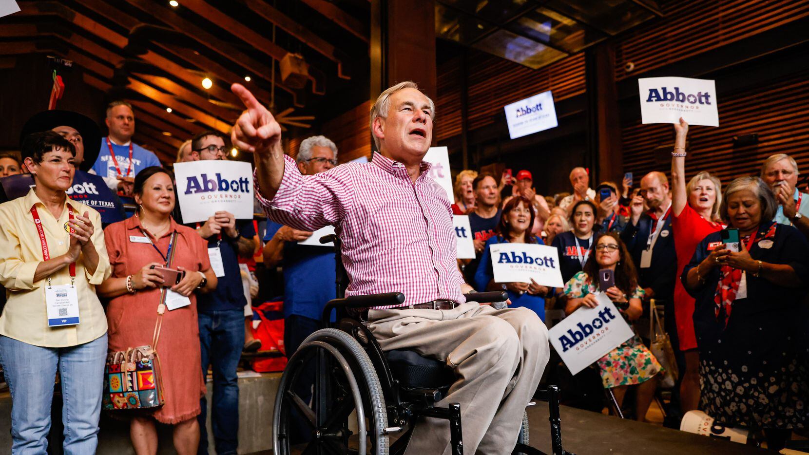 Texas Governor Greg Abbott addresses the attendees during the 2022 Republican Party of Texas...