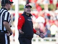 Texas Tech coach Joey McGuire reacts to a play call during the second half of an NCAA...