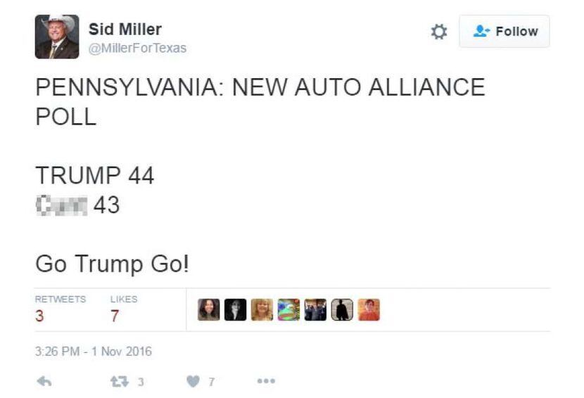 El tuit de Sid Miller donde usa una palabra obscena para describir a Hillary Clinton.