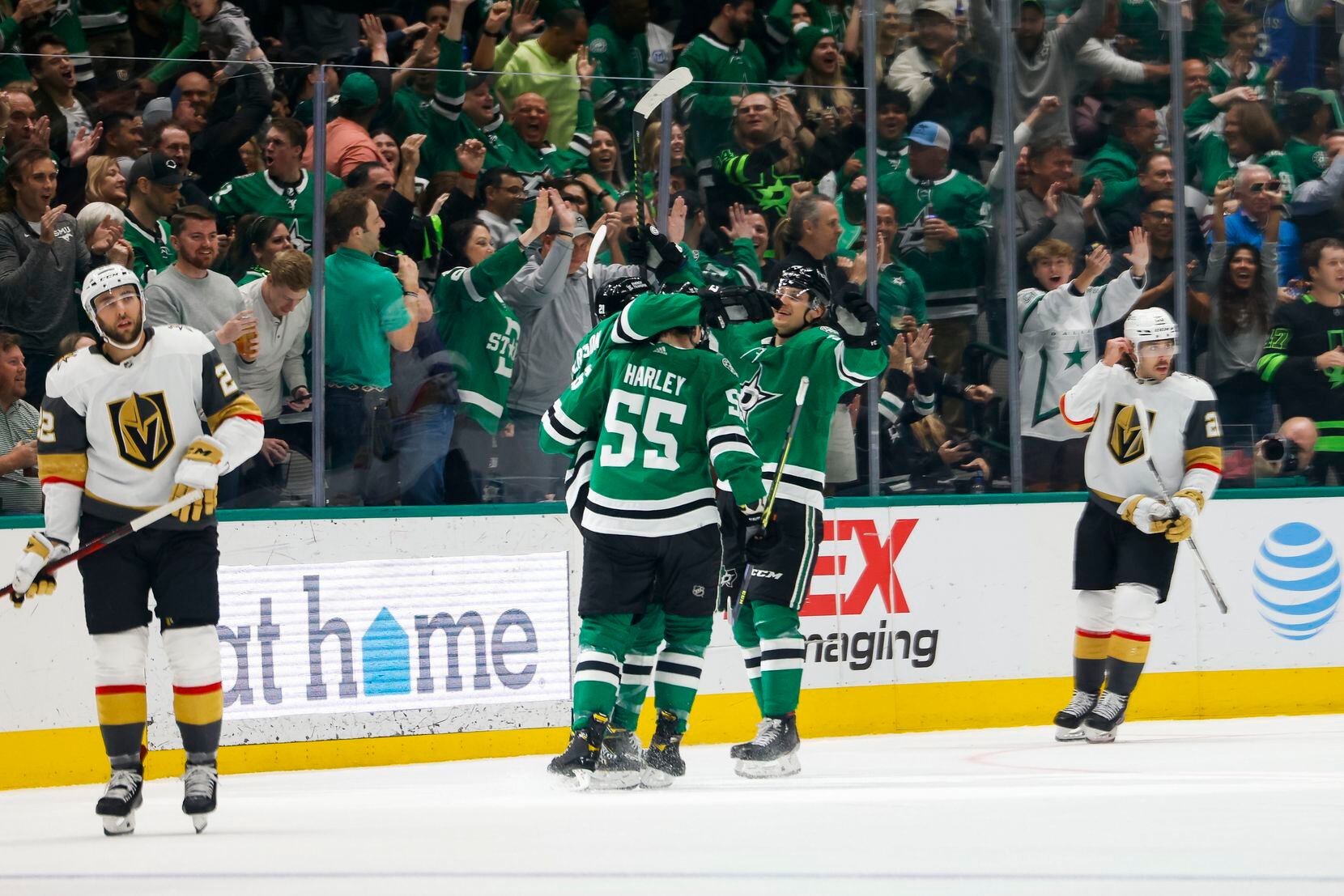Dallas Stars left wing Jason Robertson (21) and teammates celebrate a goal against the Vegas...
