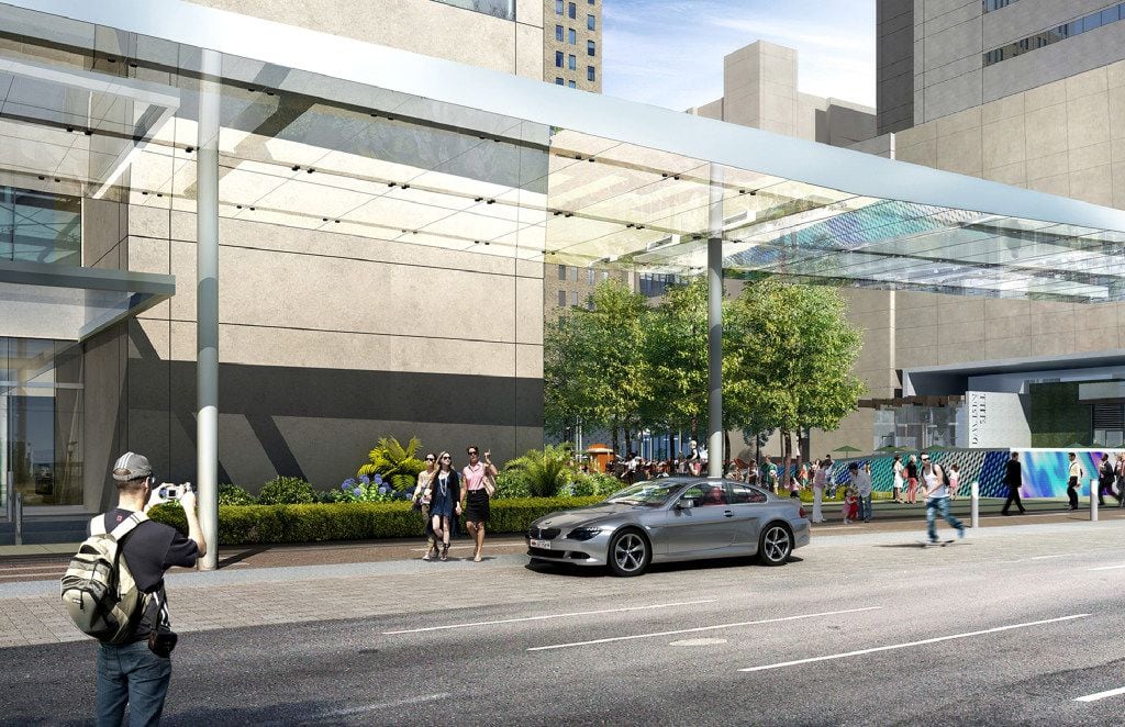 A computer rendering shows a conceptual view of AT&T's new visitor drop off area on Commerce...