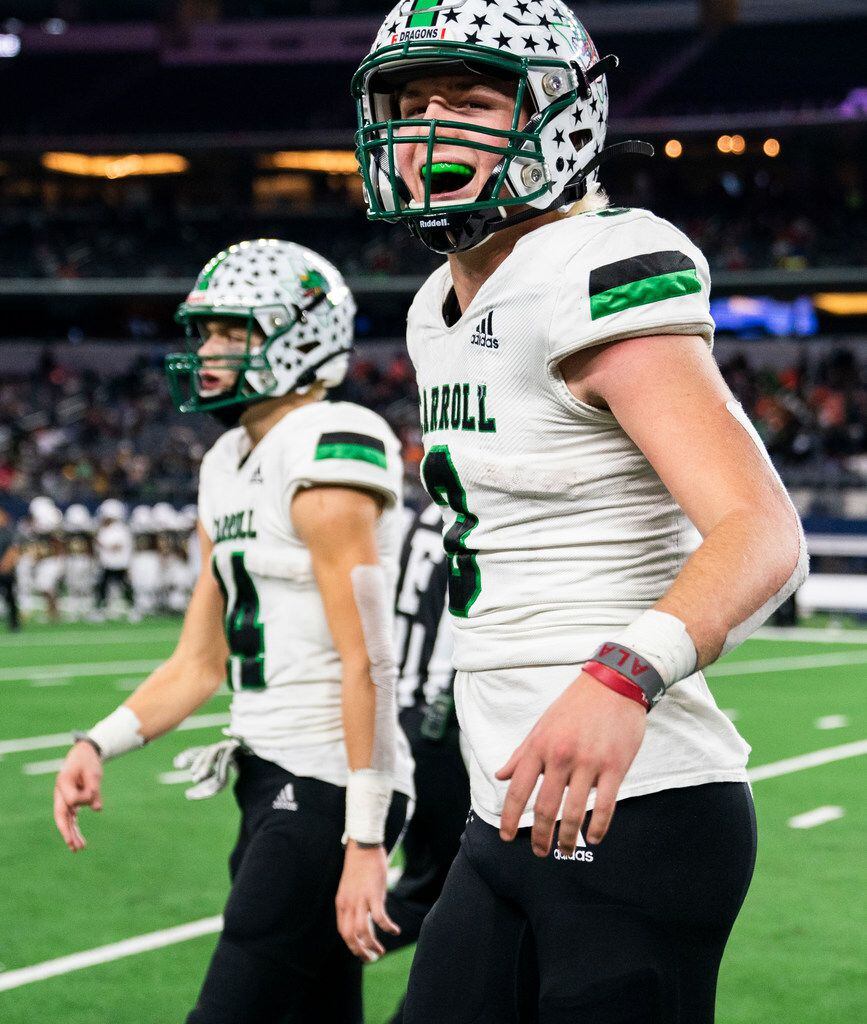 Southlake Carroll quarterback Quinn Ewers (4) celebrates after a 37-15 win over DeSoto in a...
