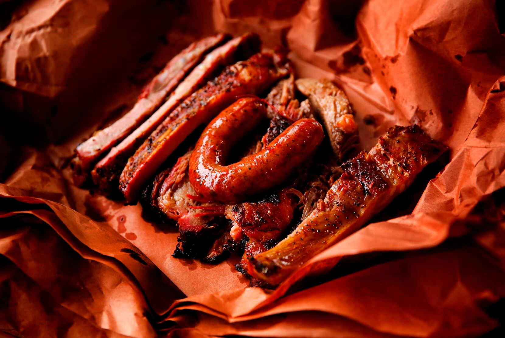 A sampling of ribs, sausage and brisket at Kreuz Market in Lockhart