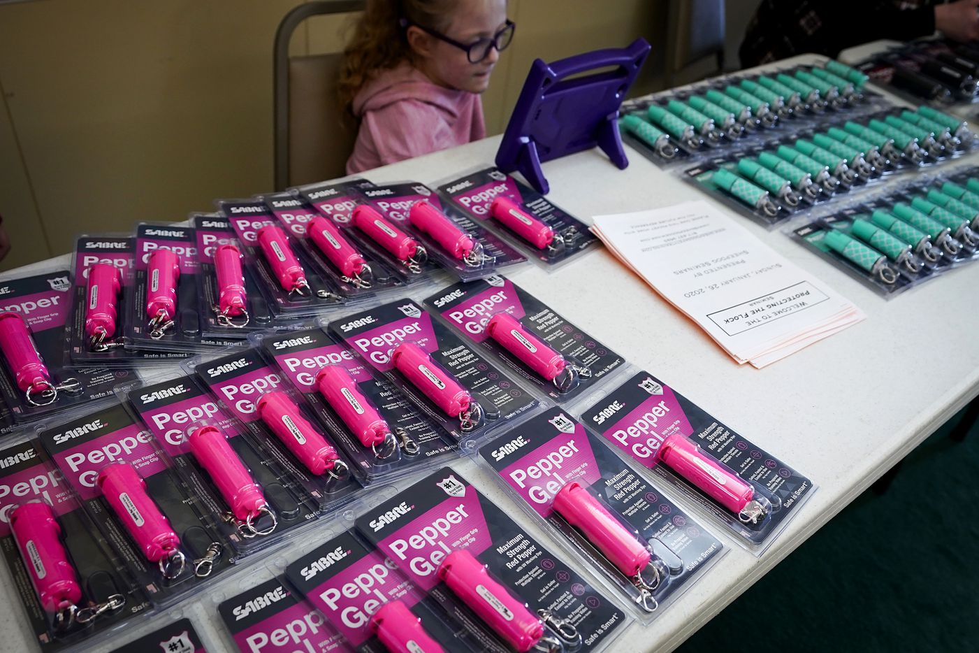 Packages of pepper spray are displayed during a  church safety seminar at North Pointe...