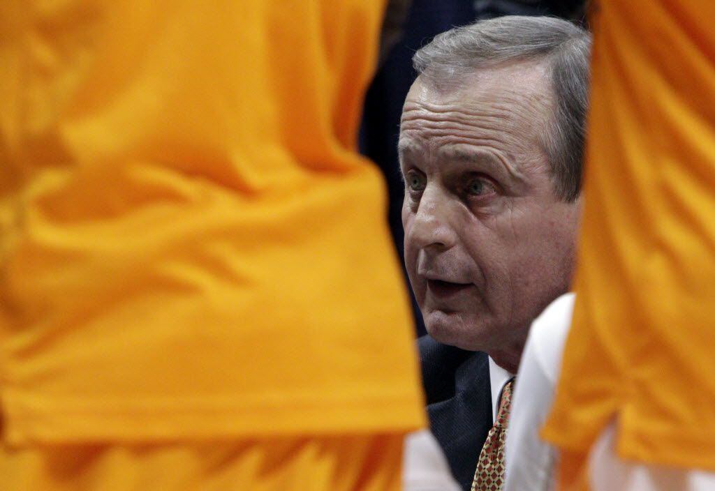 Tennessee head coach Rick Barnes talks to his players during a timeout in the second half of...