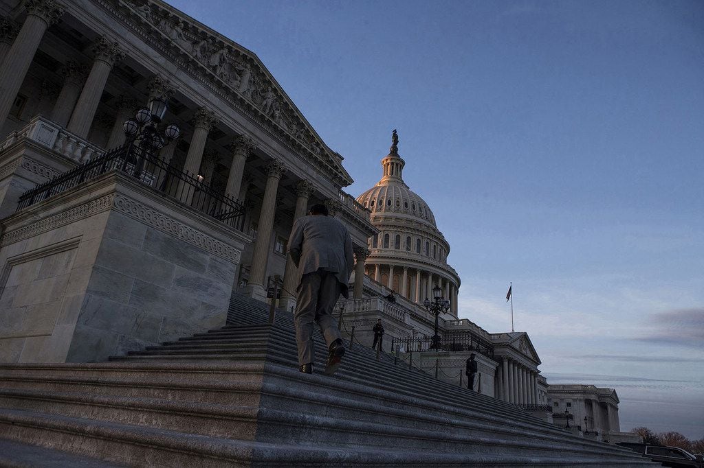 The U.S. Capitol Building at dusk on Jan. 20, 2018, in Washington, D.C. (Alex...